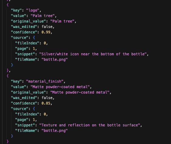 Raw JSON extraction output